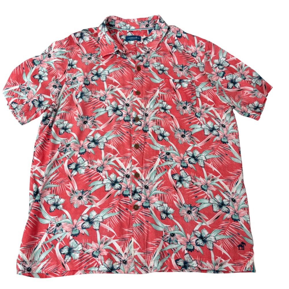 Caribbean Joe Mens Large Tropical Floral Rayon Button Down Shirt Coral Pink Blue
